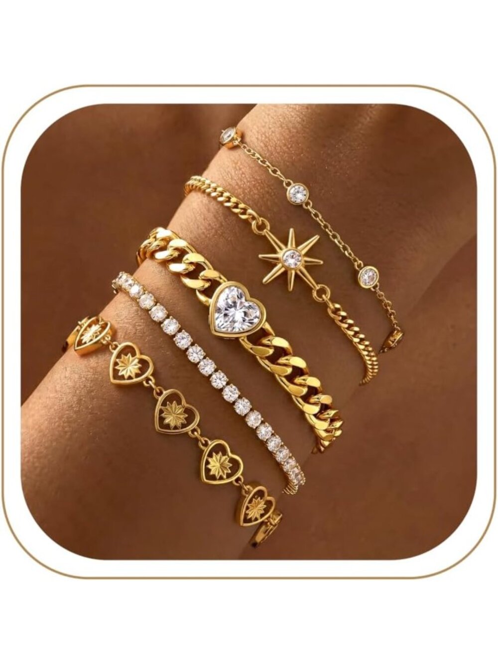 5Pcs Stackable Gold Bracelets Set, 14K Plated Charm Links, Trendy Jewelry Gifts
